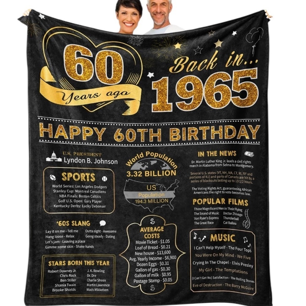 NEW! 60th Birthday Plush Commerative Blanket Fun Gift Black and Gold NWOT - Picture 6 of 12